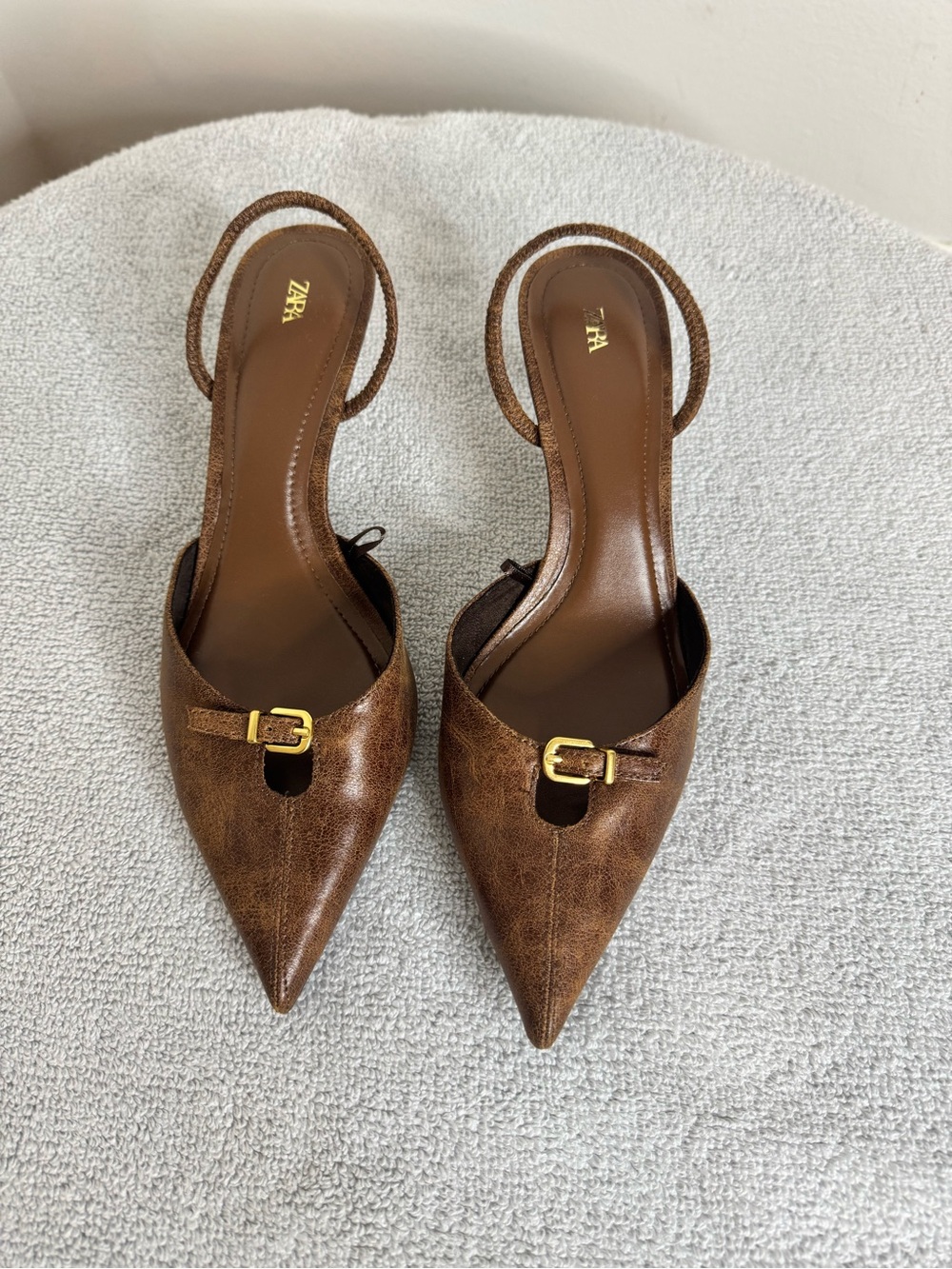 Zara Brown Pointed-Toe Slingback Heels with Gold Buckle Accent